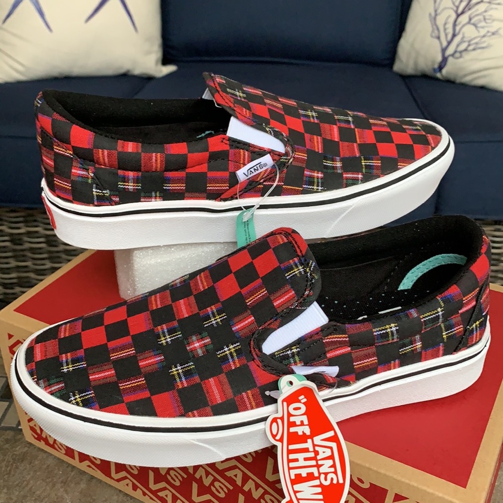 VANS COMFYCUSH SLIP ON PLAID CHECK RED/TRWHT WMNS - Picture 11 of 16